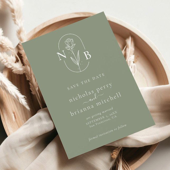 Modern Sage Green Wedding Monogram Minimalist Save The Date (Creator Uploaded)