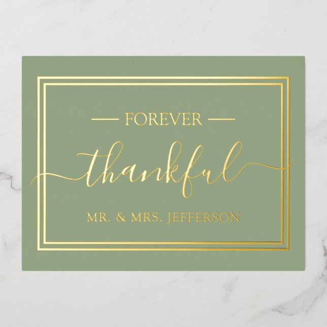 Modern Sage Green Wedding Mr. & Mrs. Thank You Foil Invitation Postcard (Front)
