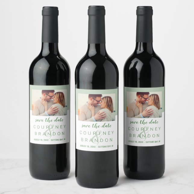 Modern Sage Green Wedding Photo Save the Date Wine Label (Bottles)