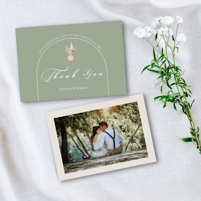 Modern Sage Green Wedding Photo Thank You Card (Creator Uploaded)