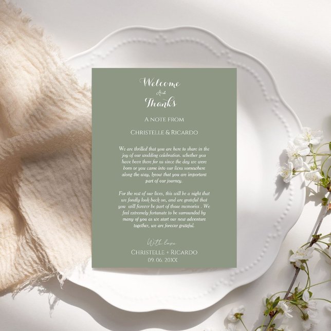 Modern sage green Welcome & thank you Wedding note (Creator Uploaded)