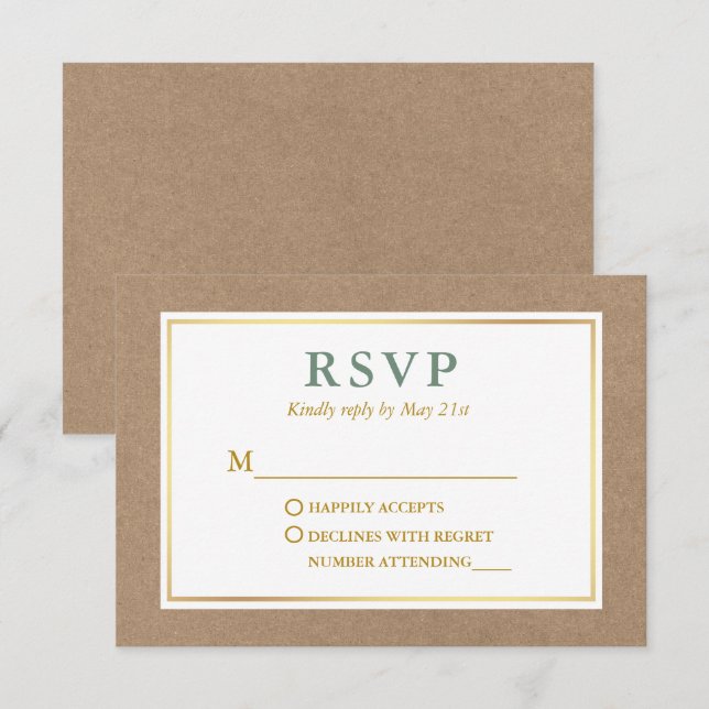 Modern Sage Green White Gold Kraft RSVP Card (Front/Back)