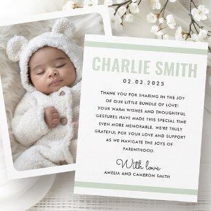 Modern sage green white new baby birth photo announcement