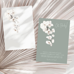 Modern Sage Green White Orchid Baby Shower Invitation