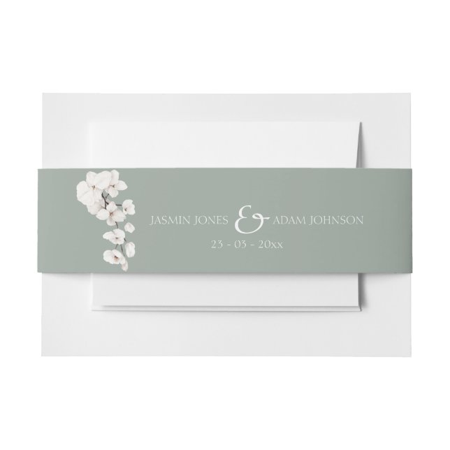 Modern Sage Green White Orchid Wedding Invitation Belly Band (Front Example)