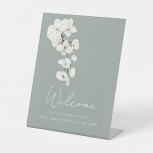 Modern Sage Green White Orchid Wedding Welcome Pedestal Sign
