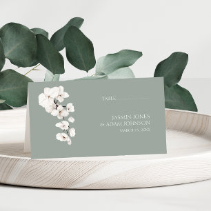 Modern Sage Green White Orchids Floral Wedding Place Card