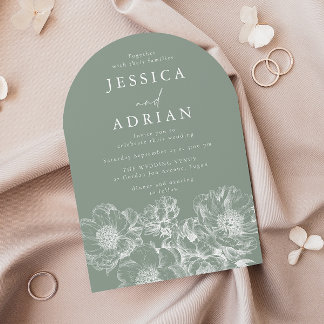 Modern Sage Green & White Peony Line Art Wedding Invitation