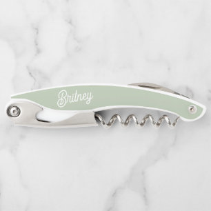 Modern Sage Green White Personalised Monogram Name Corkscrew