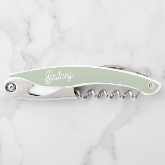 Modern Sage Green White Personalised Monogram Name Corkscrew (Front)
