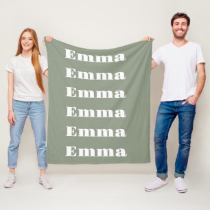 Modern Sage Green & White Personalised Text Name  Fleece Blanket