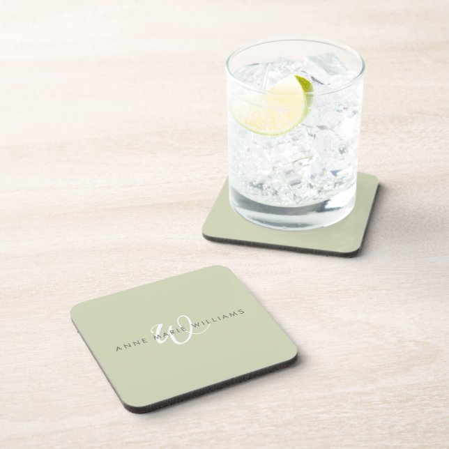 Modern Sage Green White Script Monogram Coaster (Right Side)