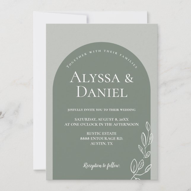 Modern Sage Green White Simple Arch Wedding Invitation (Front)