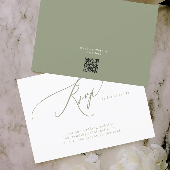 Modern Sage Green White Simple QR Code Wedding RSVP Card (Creator Uploaded)