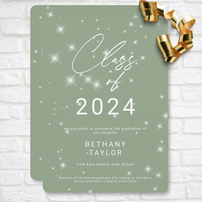 Modern Sage Green & White Sparkle Graduation Announcement (Modern Sage Green & White Sparkle Graduation Announcement)