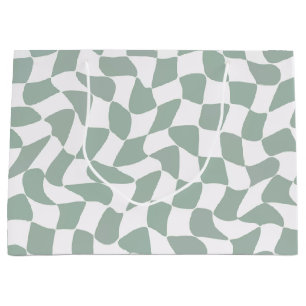 Modern Sage Green & White Wavy Checkerboard Large Gift Bag