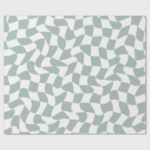 Modern Sage Green & White Wavy Chequerboard Wrapping Paper