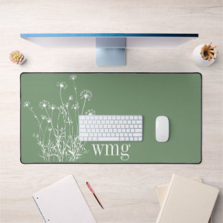 Modern Sage Green & White Wildflowers Monogram Desk Mat