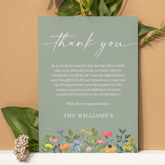 Modern Sage Green Wildflower Baby in Bloom Baby Thank You Card