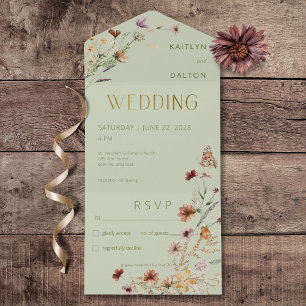Modern Sage Green Wildflower Bouquet No Dinner All In One Invitation