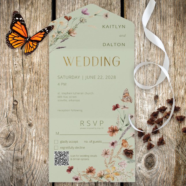 Modern Sage Green Wildflower Bouquet QR Code All In One Invitation (Also available without a QR code; with or without dinner selection options.)