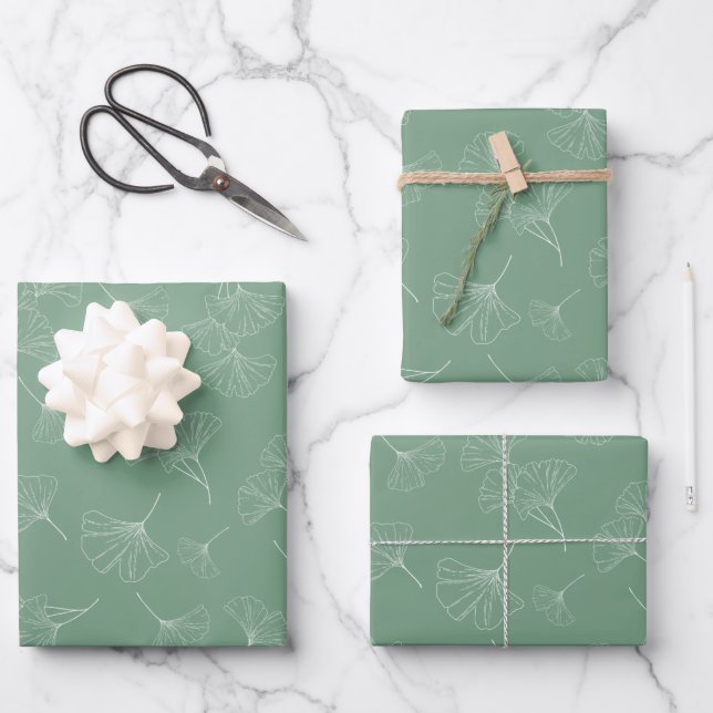 Modern Sage Green with White Ginkgo Biloba Leaves  Wrapping Paper Sheet (Front)