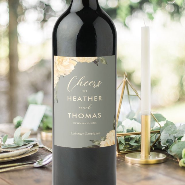 Modern Sage Green Yellow Floral Wedding Wine Label (Creator Uploaded)