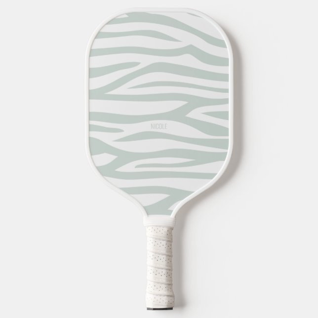 Modern Sage Green Zebra Print Personalised Pickleball Paddle (Front)