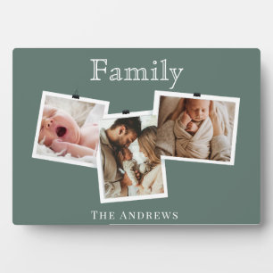 Modern Sage Green Zigzag 3 Family Photo Collage Plaque