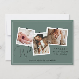 Modern Sage Green Zigzag 3 Photo Collage Birth Announcement