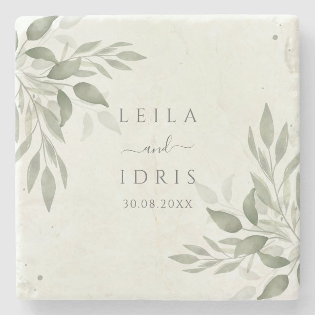 Modern Sage Greenery Botanical Stone Coaster (Front)