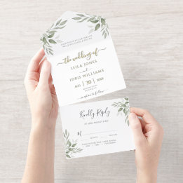 Modern Sage Greenery Gold Foil All In One Invitation