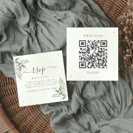 Modern Sage Greenery Square QR Code RSVP Enclosure Card