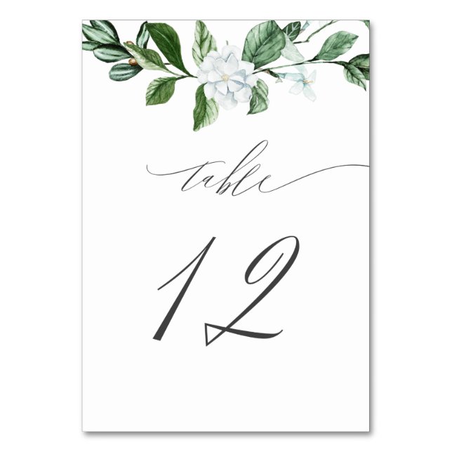 Modern Sage Greenery White Floral No 12 Wedding Table Number (Front)