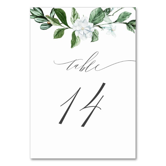Modern Sage Greenery White Floral No 14 Wedding Table Number (Front)