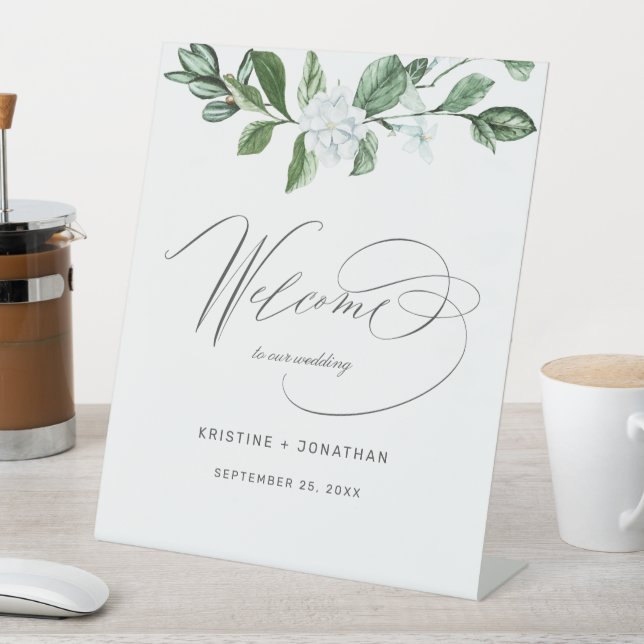 Modern Sage Greenery White Floral Wedding Welcome Pedestal Sign (In SItu)
