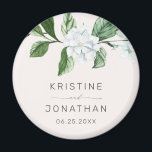 Modern Sage Greenery Wreath White Floral Wedding Magnet<br><div class="desc">This elegant botanical floral wedding magnet features hand painted watercolor greenery with white magnolia flowers. Personalize with your names and wedding date. Designed by Susan Coffey.</div>