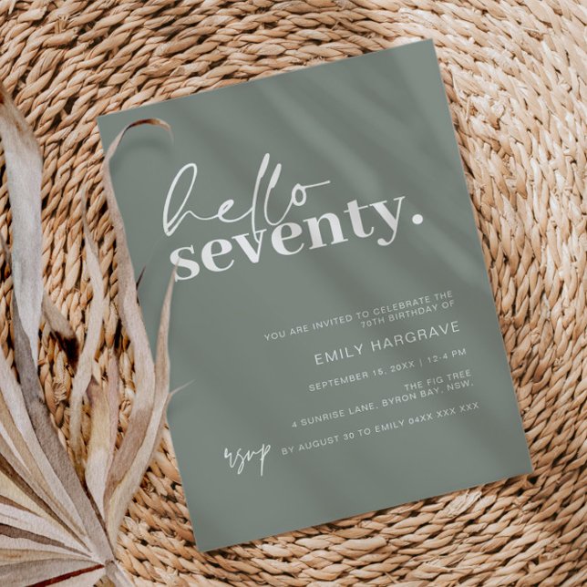 Modern Sage Hello 70th Birthday Party  Invitation (Creator Uploaded)