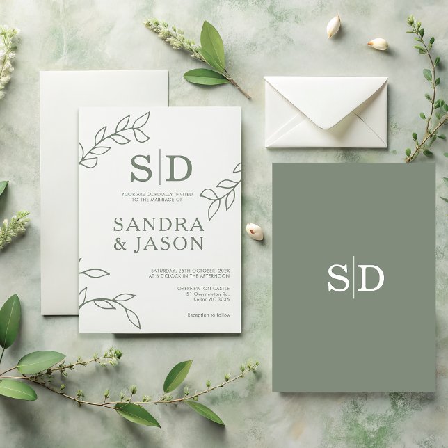 Modern Sage Line Art Foliage Wedding Invitation (Modern Sage Wedding Invite, Sage Green Minimal Wedding Invitation Template, Minimalist Sage Invite

)