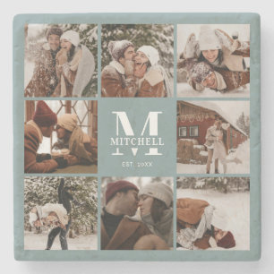 Modern Sage Monogram Initial Family Name & Photo Stone Coaster