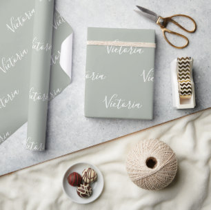 Modern Sage Personalized Pastel Script Name  Wrapping Paper