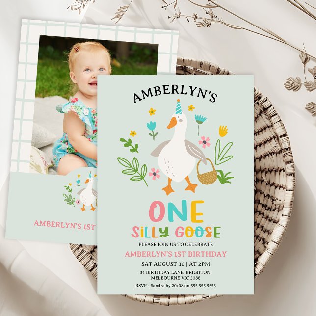 Modern Sage Photo One Silly Goose 1st Birthday  Invitation (One Silly Goose Birthday Invitation Template, Girls First Birthday Invitation with Photo, Goose)