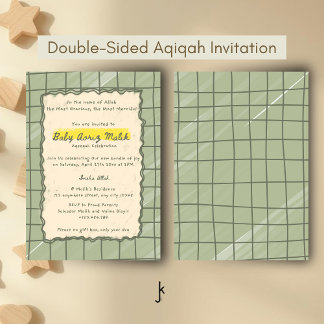 Modern Sage Plaid Aqiqah New Born Baby Celebration Invitation
