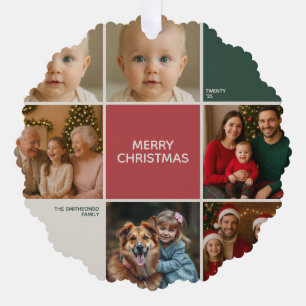 Modern Sage RED collage merry Christmas Tree Decoration Card