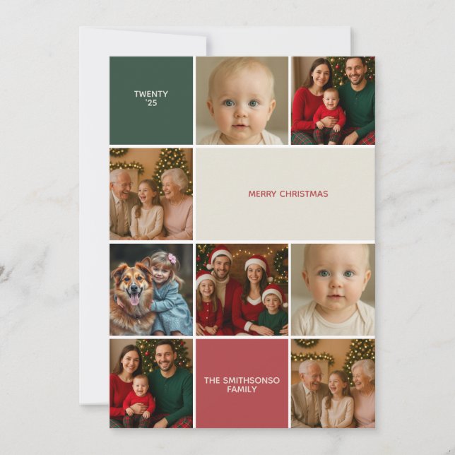 Modern Sage RED Photo collage merry Christmas Holiday Card (Front)