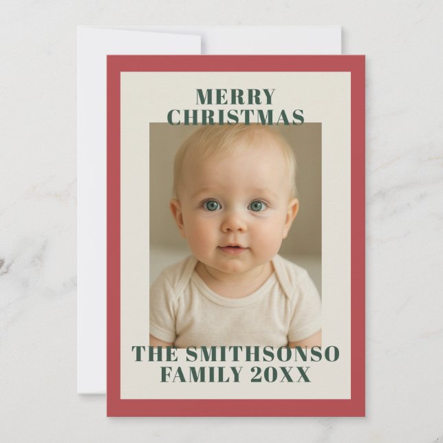 Modern Sage red Photos merry Christmas Holiday Card (Front)