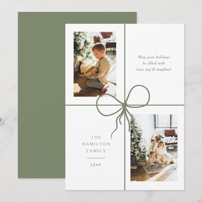 Modern Sage Ribbon Bow Wrap 2 Photo Christmas Holiday Card (Front/Back)