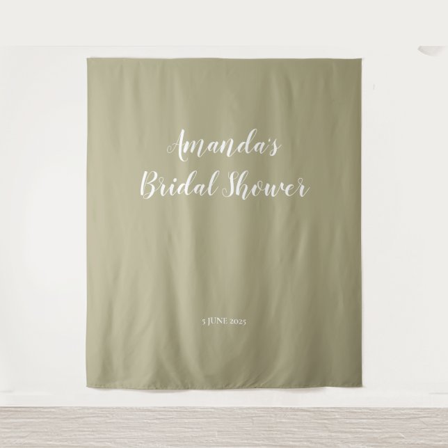 Modern Sage Script Bridal Shower Backdrop Tapestry (Front)