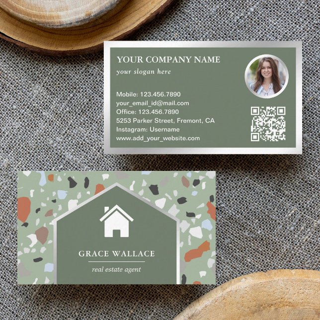Modern Sage Terrazzo Real Estate Photo QR Code Business Card (Creator Uploaded)