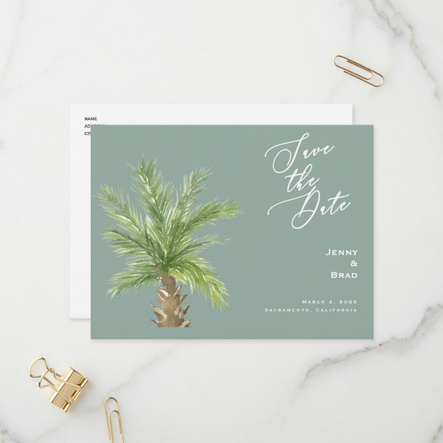 Modern Sage Tropical Foliage Wedding Save the Date Invitation Postcard (Front/Back In Situ)